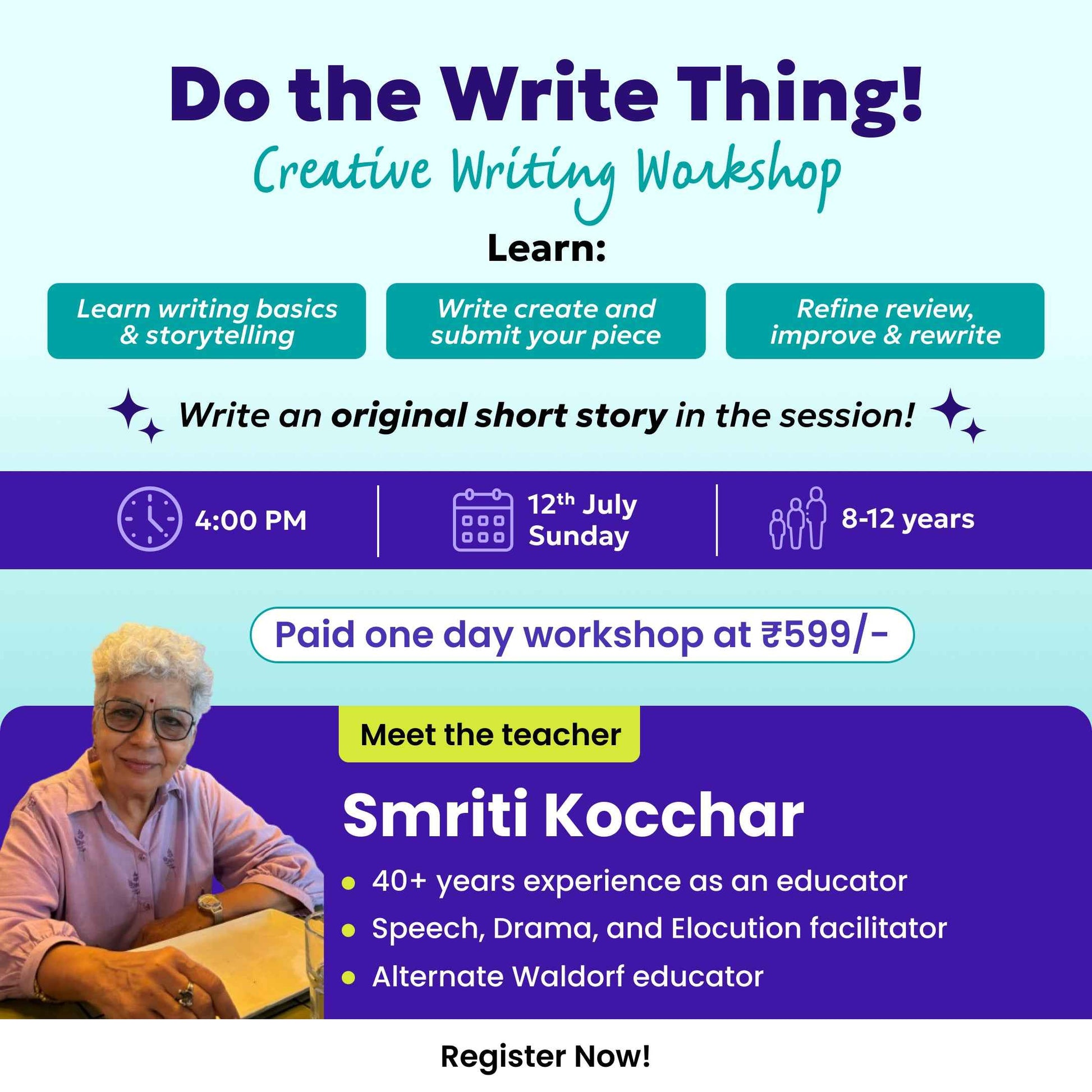 [12th July] Do the Write Thing – Creative Writing Workshop | neOwn x Smriti Kochhar |Write Your Own Original Story | For Ages 8-12 yrs | Online Workshops for Kids (Copy)