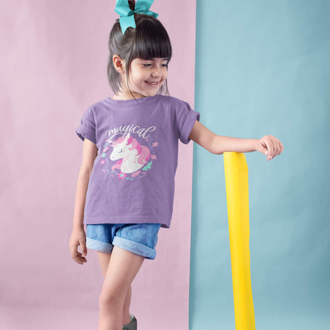 Magical - Unicorn Design | Cotton Girls Kids’ T-Shirt - Purple