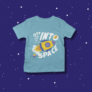 Off Into Space - Rocket Design | Cotton Unisex Kids’ T-Shirt - Light Blue