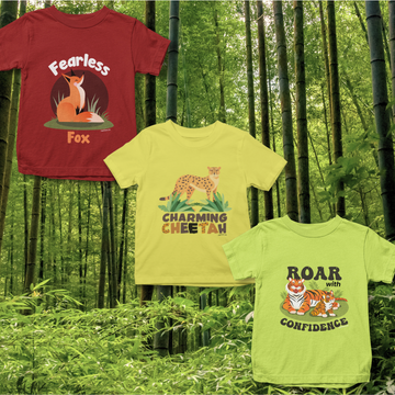 Jungle Safari - Pack of 3 Cotton Unisex Kids' T-Shirts - Yellow, Red, Green | Animal Designs