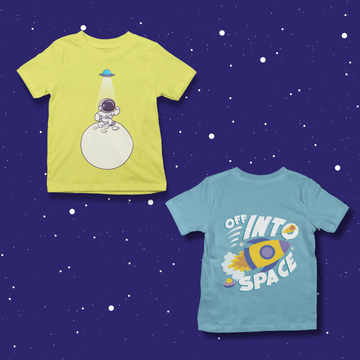 Space Explorers Duo - Pack of 2 Cotton Unisex Kids' T-Shirts - Light Blue, Yellow | Space Designs