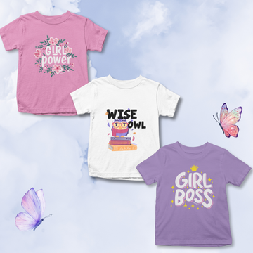 Power Puff Trio - Pack of 3 Cotton Girls Kids' T-Shirts - Pink, White, Purple | Girl Designs