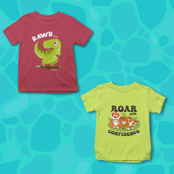 The Roaring Pair - Pack of 2 Cotton Unisex Kids' T-Shirts - Red, Green | Animal Designs