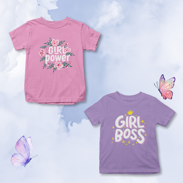 Girl Power - Pack of 2 Cotton Girls Kids' T-Shirts - Pink, Purple | Girl Designs