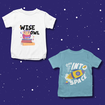 Astro Owl Duo - Pack of 2 Cotton Unisex Kids' T-Shirts - White, Light Blue | Space & Animal Designs