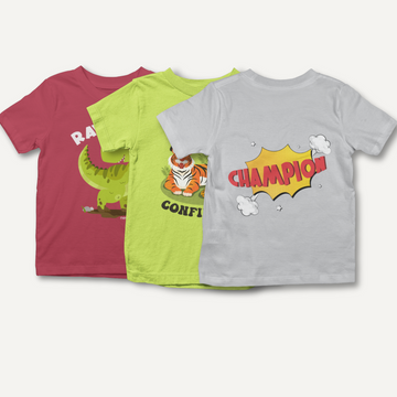 HERO VIBES - 3 Pack Cotton Unisex Kids' T-Shirts - Green, Grey, Red | Champion & Animal Designs