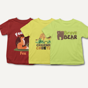 LITTLE LEGENDS - 3 Pack Cotton Unisex Kids' T-Shirts - Yellow, Red, Green | Animal Designs