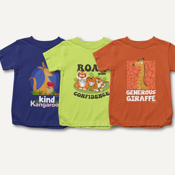 POLITE & PROUD  - 3 Pack Cotton Unisex Kids' T-Shirts - Green, Orange, Dark Blue | Animal Designs