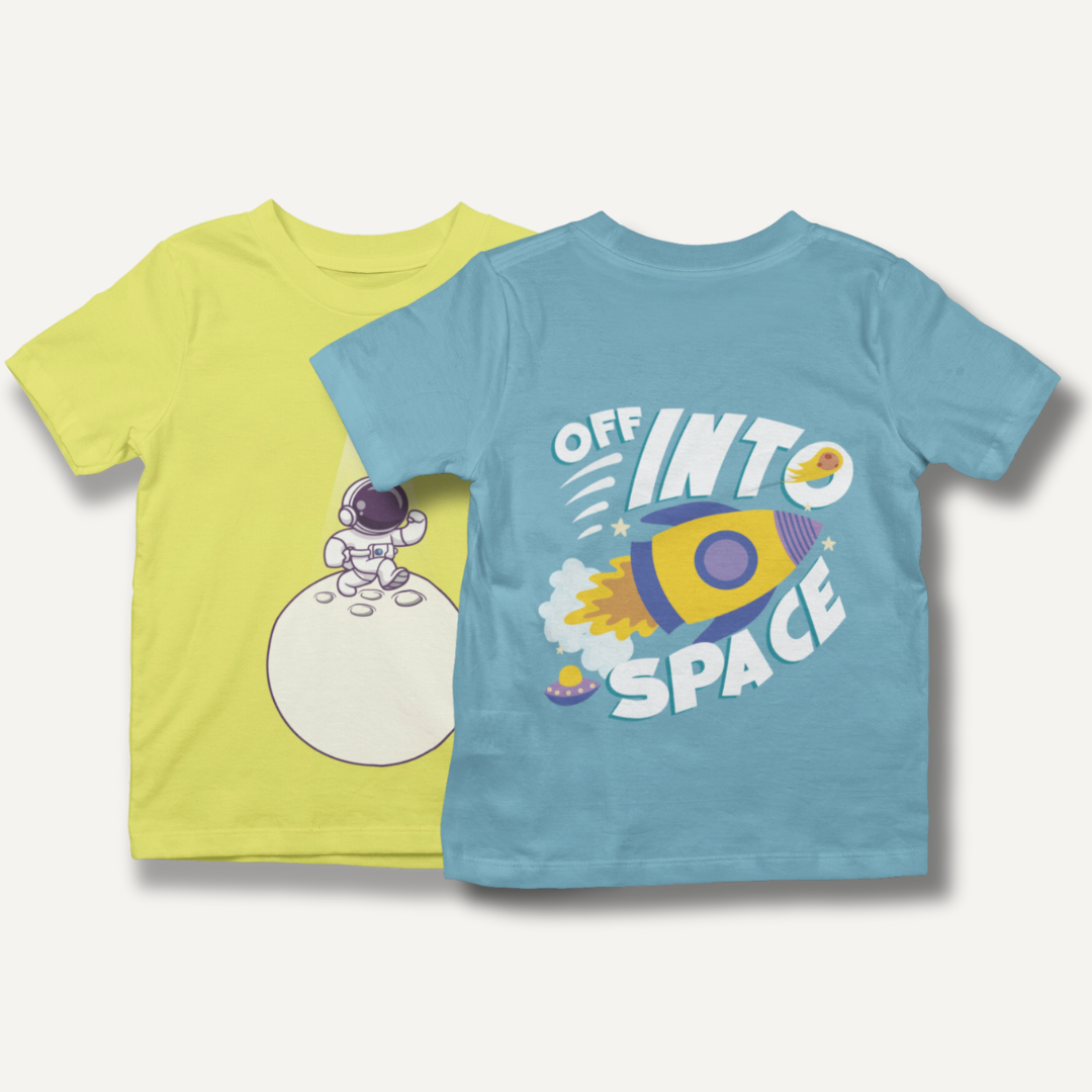 COSMIC CREW - 2 Pack Cotton Unisex Kids' T-Shirts - Light Blue, Yellow | Space Designs
