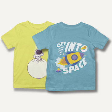 COSMIC CREW - 2 Pack Cotton Unisex Kids' T-Shirts - Light Blue, Yellow | Space Designs