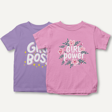 POWER PRINCESS - 2 Pack Cotton Girls Kids' T-Shirts - Pink, Purple | Girl Designs