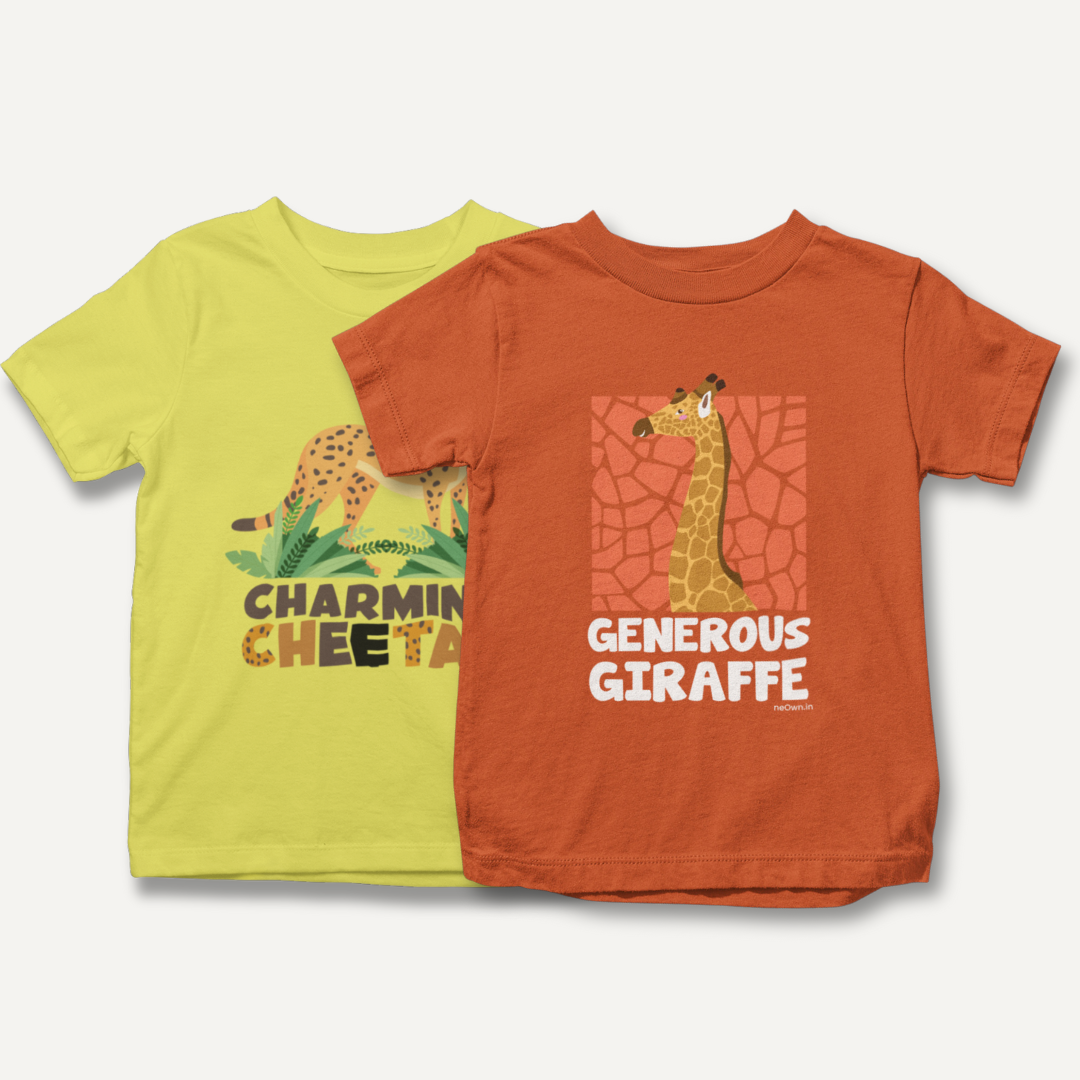 KIND SPIRIT - 2 Pack Cotton Unisex Kids' T-Shirts - Orange, Yellow | Animal Designs