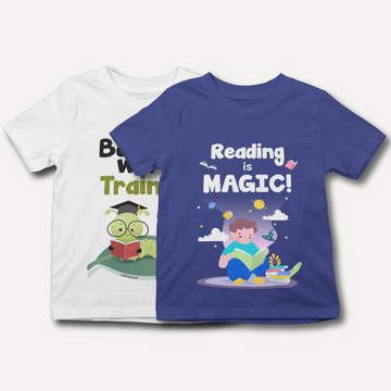 READERS PARADISE - 2 Pack Cotton Unisex Kids' T-Shirts - White, Dark Blue | Readers Designs